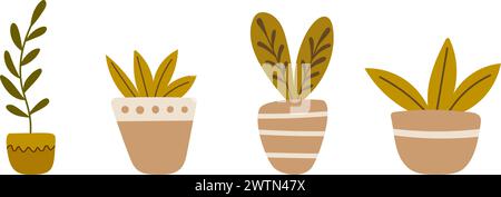 Set handgezeichneter Topfpflanzen. Wohnkultur, gemütliche Pflanze. Abbildung des Vektormaterials Stock Vektor
