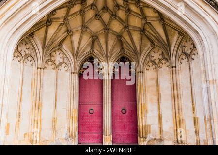 Detail West Gateway. Die Kathedrale der Heiligen Dreifaltigkeit, St. Peter, St. Paul und St. Swithun, allgemein bekannt als Winchester Cathedral, ist die Kirche der Heiligen Dreifaltigkeit, St. Peter, St. Paul und St. Swithun Stockfoto