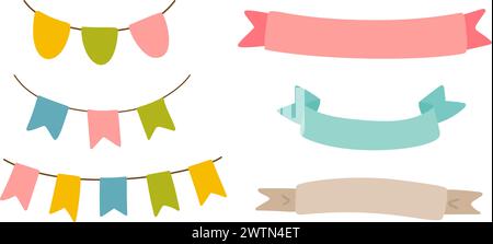 Set aus dekorativer Party-String-Girlande. Feiern Sie das Hängen farbiger Fahnen, Bänder für Babyprodukte, Stoffe, Verpackungen, Bezüge und Einladungen. Vektor Stock Vektor