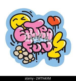 Graffiti-Schriftzug Extra Fun with Cartoon Heart, Lightning, Daisies, Smile. Farbenfrohe Beschriftung im urbanen Stil. Vektorillustration. Hippie-Aufkleber für T-Shirts, Wallpaper, Handyhülle. Stock Vektor