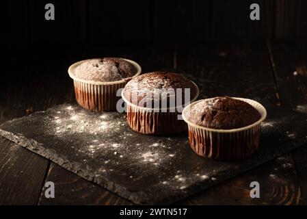 Schokoladenmuffins mit Puderzucker auf schwarzem Hintergrund. Stillleben aus nächster Nähe. Dunkel stimmungsvoll. Lebensmittelfoto Stockfoto