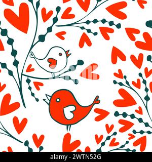 Herzen mit nahtlosem Vogelmuster. Romantischer, nahtloser Hintergrund. Handzeichnung. Nicht AI. Alles Gute zum Valentinstag. Vektorabbildung. Stock Vektor