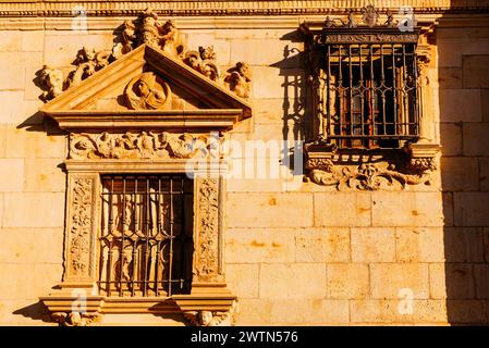 Jalousie und Erkerfenster. Detail-Plateresque-Fassade. Colegio Mayor de San Ildefonso - Saint Ildephonse College. Universität Alcalá. Alcalá de Henares, C Stockfoto