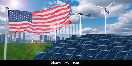 Amerikanische Flagge flattert auf dem Hintergrund von Solarpaneelen und Windturbinen. Symbol für nachhaltige Entwicklung Vereinigte Staaten von Amerika. Stockfoto