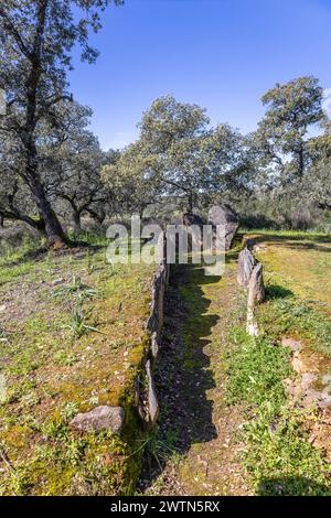 Monolith Nummer 1, Teil des Gabrieles Dolmen Komplexes, in der Gemeinde Valverde del Camino, Provinz Huelva, Andalusien, Spanien Stockfoto