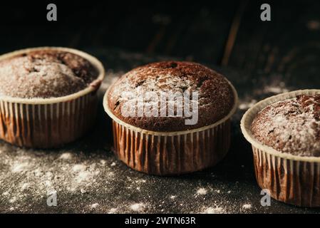 Schokoladenmuffins mit Puderzucker auf schwarzem Hintergrund. Stillleben aus nächster Nähe. Dunkel stimmungsvoll. Lebensmittelfoto Stockfoto