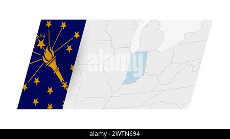 Indiana Karte im modernen Stil mit der Flagge von Indiana auf der linken Seite. Vektorabbildung einer Karte. Stock Vektor