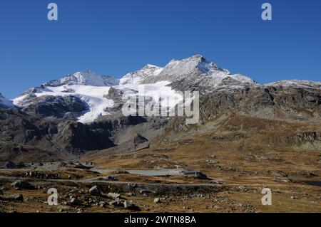 Touristenattraktion: Eine Fahrt mit der Bernina Bahn durchs UNESCO Weltkulturbe beim Bernina Hospitz. Touristische Attraktion: Bernina Bahnfahrt durch Stockfoto