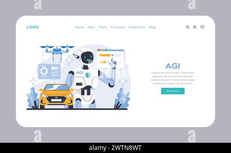 AGI-Web oder Landing-Page. Autonome Fahrzeuge und Drohnen rücken unter KI-Führung vor. Interaktive Robotik führt die technologische Revolution an. Illustration des flachen Vektors. Stock Vektor