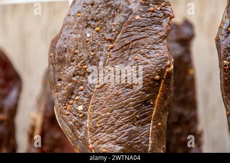 Schließen Sie ein Stück rohen Rumpf, das gewürzt ist und bereit ist, zu trocknen und zu heilen, um ein beliebter südafrikanischer Snack namens Biltong zu werden. Stockfoto