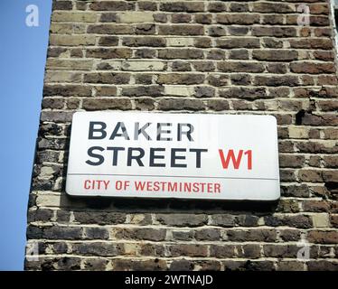 England. London. Schild Baker Street. Heimat von Sherlock Holmes Buchfigur. Stockfoto