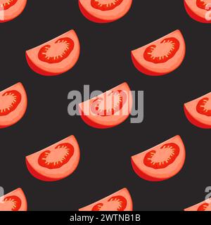 Nahtloses Muster des flachen Vektors mit frischer Tomate auf schwarzem Hintergrund. Nahtloses Gemüsemuster mit ganzen Tomaten Stock Vektor