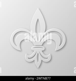 Vector Realistic Paper 3D Fleur De Lis Nahaufnahme auf weißem Hintergrund. Heraldisches Lily-Zeichen, Vektorbild Stock Vektor