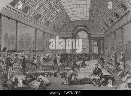 Deutsch-Französischer Krieg (1870–1871). Frankreich. Zentrales Postamt, installiert in der Galerie der Schlachten des Schlosses von Versailles. Zeichnung von Miranda. Gravur von Ricord. Historia de la Guerra de Francia y Prusia (Geschichte des Krieges zwischen Frankreich und Preußen). Band II Veröffentlicht in Barcelona, 1871. Autor: Fernando Miranda (1842-1925). Spanischer Künstler. Manuel Ricord. Spanischer Kupferstecher aus dem 19. Jahrhundert. Stockfoto