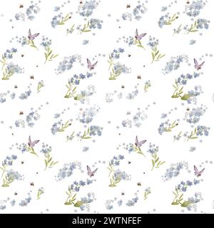 Vergiss mich nicht mit Schmetterlingen. Gartenmärchen Nahtloses Aquarellmuster. Grün-Weiße Hintergründe Für Kinder. Vergiss Nicht, Dass Ich Keine Kinderzimmer-Einrichtung Habe Stockfoto