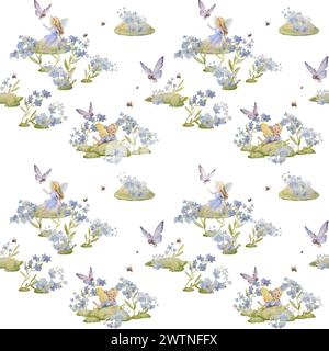 Vergiss Mich Nicht Nahtlose Muster. Frühlingsmuster mit Feen und Schmetterlingen. Kinder Wallpaper mit blauen Blumen und weißem Hintergrund Stockfoto