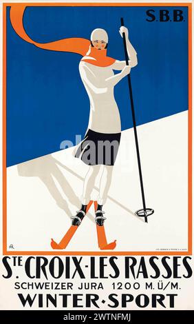 Vintage Sports Travel Poster. Wintersport, Ski. STE. CROIX - LES RASSES. Schweiz, 1922 Stockfoto