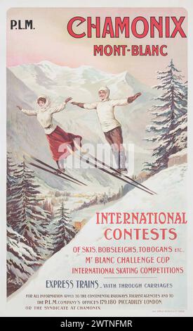 Vintage Sports Travel Poster. Internationale Wettbewerbe. Wintersport. Mit Illustration von Skisprung, CHAMONIX, Mont-Blanc, Frankreich, von Francisco Tamagno, 1900er Jahre Stockfoto