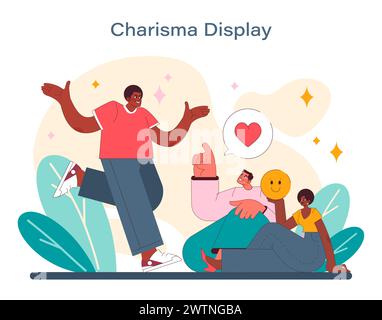 Charisma-Display-Konzept. Eine lebendige Vektor-Illustration, die das Wesen magnetischer Persönlichkeiten und die Kraft nonverbaler Hinweise in sozialen Umgebungen einfängt. Vektorabbildung. Stock Vektor