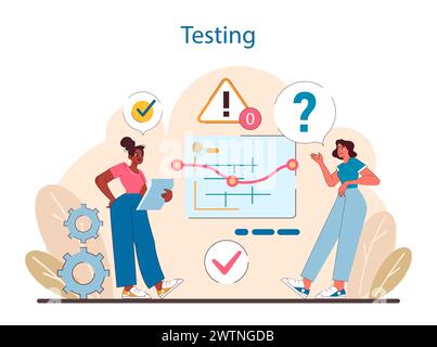 Testphase im IT-Projektmanagement. Hebt die kritische Bewertung der Softwarefunktionalität hervor, identifiziert Fehler und stellt die Produktqualität vor der Implementierung sicher. Illustration des flachen Vektors. Stock Vektor