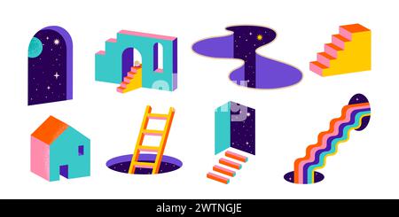 Surreale, abstrakte, psychedelische Sammlung von Formen, Elementen. Moderne, geometrische Trendelemente und Symbole für Werbung, T-Shirt-Design Stock Vektor