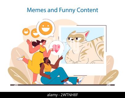 Humor im Social Media-Konzept. Benutzer genießen und teilen unbeschwerte Meme-Inhalte, die den unterhaltsamen Aspekt der Online-Interaktion widerspiegeln. Digitales Lachen und Community-Binding. Illustration des flachen Vektors. Stock Vektor