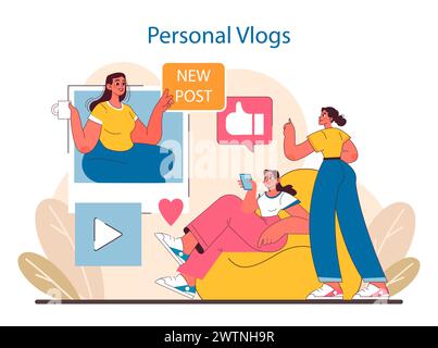 Persönliches Vlogs-Konzept. Authentische Erkenntnisse aus dem täglichen Leben, die auf digitalen Plattformen geteilt werden. Influencer, die sich mit Followern verbinden. Interaktives Storytelling in sozialen Medien. Illustration des flachen Vektors. Stock Vektor