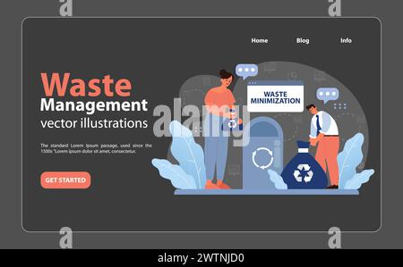 Abfallminimierung in Aktion Konzept. Einzelne trennen Müll sorgfältig und betonen die Bedeutung der Abfallreduzierung. Umweltbewusste Entscheidungen, ordnungsgemäße Entsorgung. Illustration des flachen Vektors. Stock Vektor