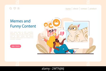 Humor im Social Media-Konzept. Benutzer genießen und teilen unbeschwerte Meme-Inhalte, die den unterhaltsamen Aspekt der Online-Interaktion widerspiegeln. Digitales Lachen und Community-Binding. Illustration des flachen Vektors. Stock Vektor