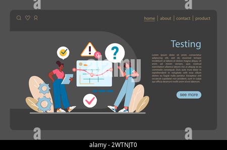 Testphase im IT-Projektmanagement. Hebt die kritische Bewertung der Softwarefunktionalität hervor, identifiziert Fehler und stellt die Produktqualität vor der Implementierung sicher. Illustration des flachen Vektors. Stock Vektor