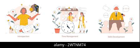 Coach-Set für persönliche Entwicklung. Anschauliche Abbildungen, die Selbstbetrachtung, effizientes Zeitmanagement und die kontinuierliche Entwicklung von Fähigkeiten zeigen. Darstellung der wichtigsten Elemente des persönlichen Wachstums. Vektorabbildung. Stock Vektor