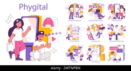 Phygital-Set. Nahtlose Integration physischer und digitaler Einzelhandelselemente. Virtuelle Ausstattung, personalisiertes Shopping, interaktives Erlebnis. Vektorabbildung Stock Vektor