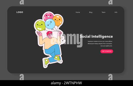 Social Intelligence-Konzept. Fröhliche Einzelperson mit emotionalen Ballons, die verschiedene soziale Hinweise und Interaktionen einfangen. Emotionale Schärfe im sozialen Kontext. Vektorabbildung. Stock Vektor