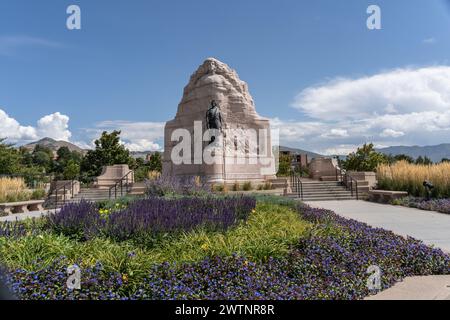 Salt Lake City Utah – 12. September 2023: Mormon Battalion Monument auf dem südöstlichen Rasen des Kapitols von Utah erinnert an Mormon pio Stockfoto
