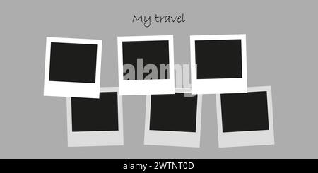 Die Fotokamera rahmt ein Fotomockup-Scrapbook auf eine graue Wand. Mein Reisefoto. Schwarze Fotorahmen-Vorlage. Vektorabbildung. Stock Vektor