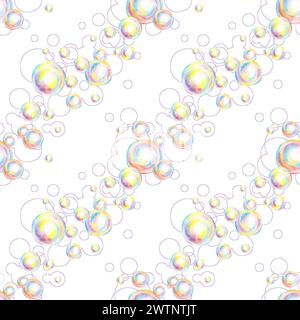 Aquarellillustration nahtloses Muster mit Seifenblasen und Konturen. Sommer-Spielzeugsymbol, Badezeit, Karneval, Seifenblasen-Party. Isoliert, handgezeichnet. F Stockfoto