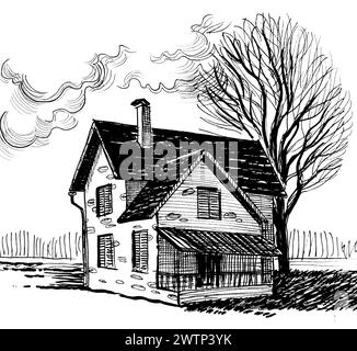 Altes Haus auf dem Land. Handgezeichnete schwarz-weiße Illustration im Retro-Stil Stockfoto