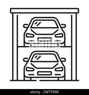 Parkhaus-Service und Parkplatzsymbol. Fahrzeugparkplatz, Transportgarage Servicebereich oder öffentlicher Autoparkplatz lineares Vektorschild oder Symbol mit Autos, die in einer zweistöckigen Garage geparkt sind Stock Vektor