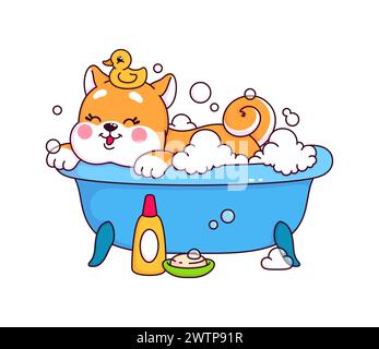 Japanischer Kawaii shiba inu Welpe, der im Bad baden kann. Isolierter Vektor netter Hund entspannen in der Badewanne mit flauschigem Schaum und gelbem Gummi Ente Spielzeug auf seinem Kopf. Entzückendes Tierpersonal, das sich waschen und Hygiene anwenden lässt Stock Vektor