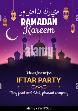 Iftar-Partyflyer, arabischer Feiertag. Vektor-Einladung zur Magie der arabischen Nächte iftar-Feier. Genießen Sie ein fröhliches fest, traditionelle Musik und angenehme Gesellschaft. Enthülle den Geist der Zweisamkeit Stock Vektor