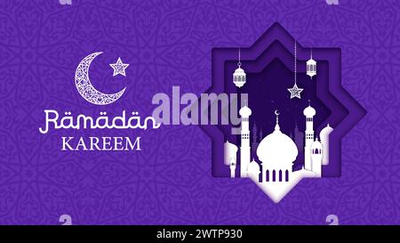 Ramadan kareem eid mubarak Papier geschnitten Feiertagsgrüße. Vektor-religiöses Banner mit Moschee in Sternenform und Sichel, die die heilige Jahreszeit symbolisieren und Glück und Wohlstand wünschen Stock Vektor