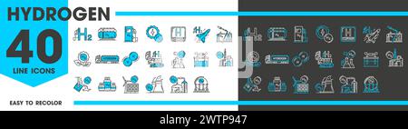 Wasserstoffliniensymbole für grüne Energie und H2-Brennstofferzeugung für erneuerbare Energien, Vektorsymbole, Wasserstoffkraftwerk oder Tankspeicher für die Elektrolyse der H2-Erzeugung in der grünen Energietechnologie Stock Vektor