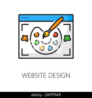 Website-Design. Web-Audit-Symbol. Isoliertes, lineares Vektorsymbol für pc-Bildschirm und Farbpalette, das die Kunst darstellt, visuell ansprechende, kreative, funktionale und benutzerfreundliche Websites zu erstellen Stock Vektor