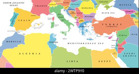 Mittelmeerbecken, politische Karte mit verschiedenen farbigen Ländern. Mittelmeer und Region. Südeuropa, Nordafrika und der nahe Osten. Stockfoto