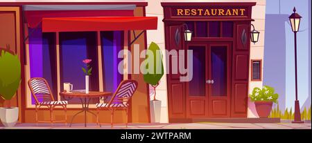 Cartoon-Restaurant im Freien mit Kaffeetasse auf dem Tisch, Stühlen und dekorativen Pflanzen in Töpfen in der Nähe großer Fenster und Holztür des Cafés draußen. Terrasse auf dem Bürgersteig in der Nähe des Gebäudes in der Stadt. Stock Vektor