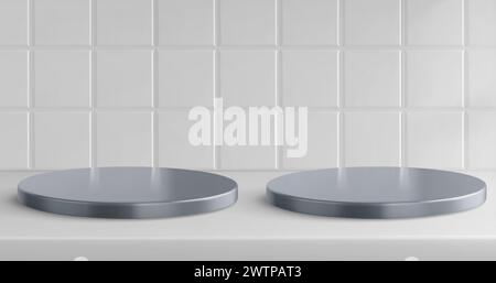 Küche oder Bad mit Fliesen und silbernem Podium. Weiße 3D-Regal- oder Tischszene zur Produktanzeige auf Keramiktextur. Metallzylinderplattform im Toilettenraum oder realistische Arbeitsplatte. Stock Vektor