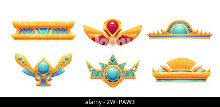 Ägyptisches Spiel-ui-Symbol mit Rand oder Trennlinie. Zeichentrickvektor Illustration Set des Schatzes des alten Ägypten Rahmen Asset aus Gold mit roten und türkisfarbenen Edelsteinen. Goldene Ornamente und Schmuck des Pharaos. Stock Vektor