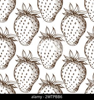 Nahtloses tropisches Muster mit Erdbeere. Leckeres Obst, frisches schwarzweißes Sketch-Illustration Stock Vektor