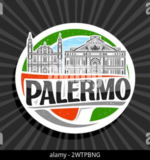 Vektor-Logo für Palermo, weißer dekorativer Tag mit Umrissillustration der europäischen palermo Stadtlandschaft auf Tag-Himmel-Hintergrund, Kunst-Design-Kühlschrank Stock Vektor