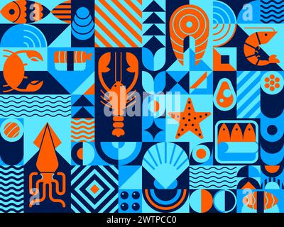 Abstrakte Meeresfrüchte, modernes geometrisches Muster. Geometrische Form Vektor-Layout oder Meeresfrüchte Muster. Vintage-Druck oder Collage, Retro-Minimalismus im Hintergrund Stock Vektor